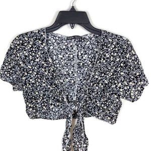 Shein Black Floral Front Tie Cropped Top S